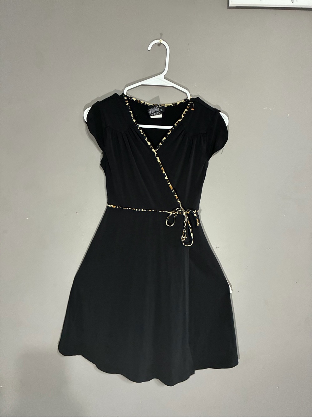 Girls' Black Wrap Midi Dress with Leopard-Trim Accent
